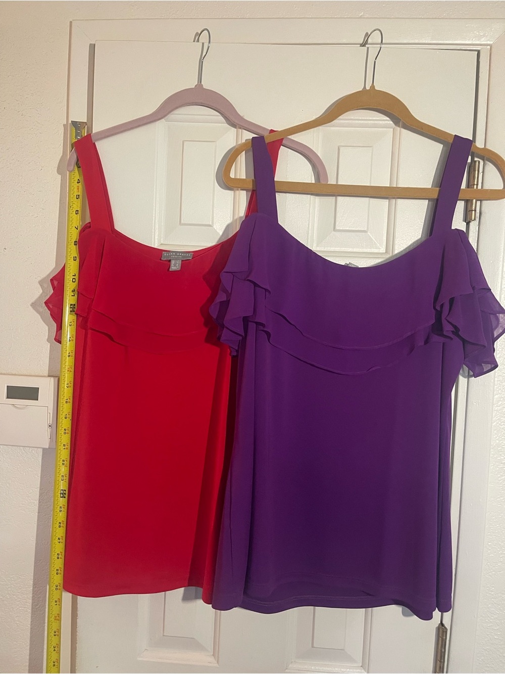 Two Susan Graver Red & Purple Cold-Shoulder Ruffle Camisole Duo